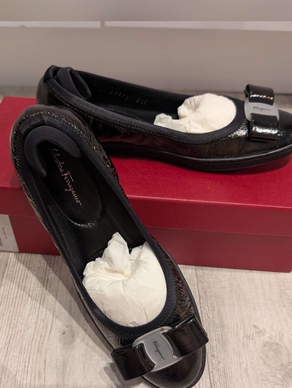 Salvatore Ferragamo Black Patent Vara Bow Ballet Flats